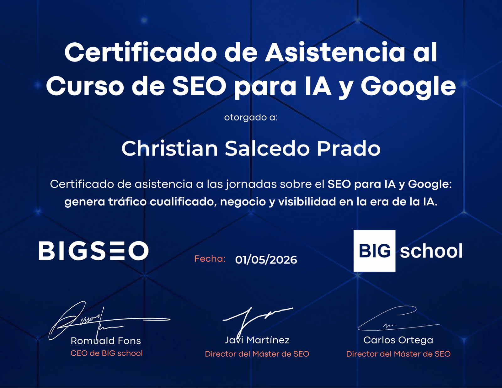 Certificado de asistencia al curso de SEO para IA y Google — BIG School